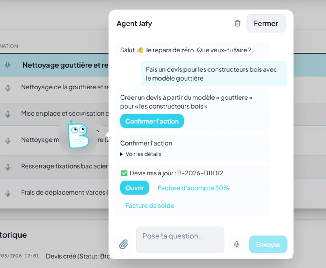 L'agent conversationnel de Jafy créant une facture d'acompte à partir d'une demande dictée